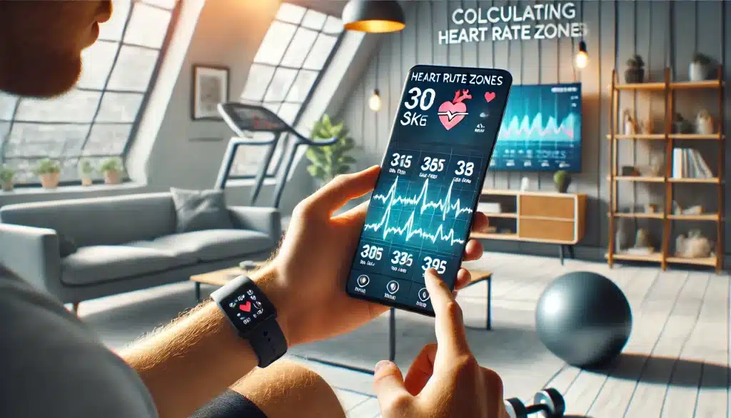 A person using a fitness app on their smartphone to calculate heart rate zones, with a graphical interface showing zones based on age and activity level, all within a modern home setting.