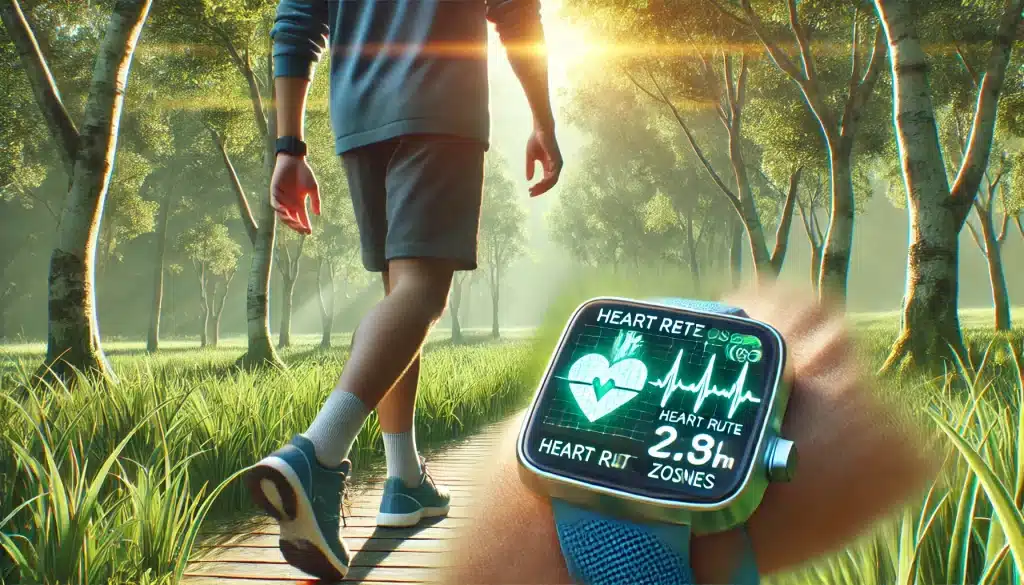 A person walking in a peaceful natural setting, checking their heart rate monitor to ensure they are exercising safely within the correct heart rate zones, focusing on maintaining heart health.