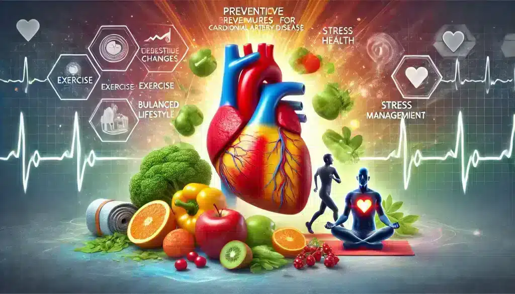 preventive measures for coronary artery disease, showing exercise, healthy diet, and stress management for heart health. Tags: coronary artery disease prevention, heart health, lifestyle changes.