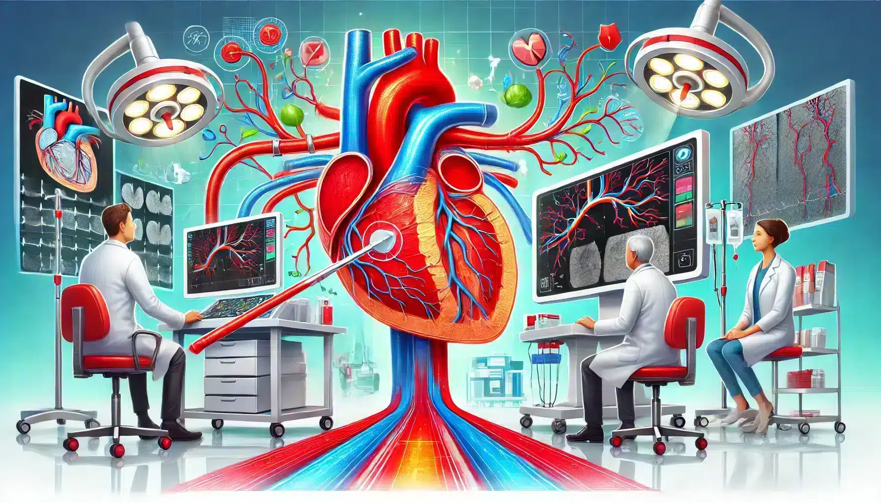 A colorful and engaging image illustrating the coronary angiography procedure, showing a patient undergoing the test while a doctor views the coronary arteries using X-ray technology. The focus is on diagnosing blockages in the heart's arteries, highlighting the importance of coronary angiography in heart health.