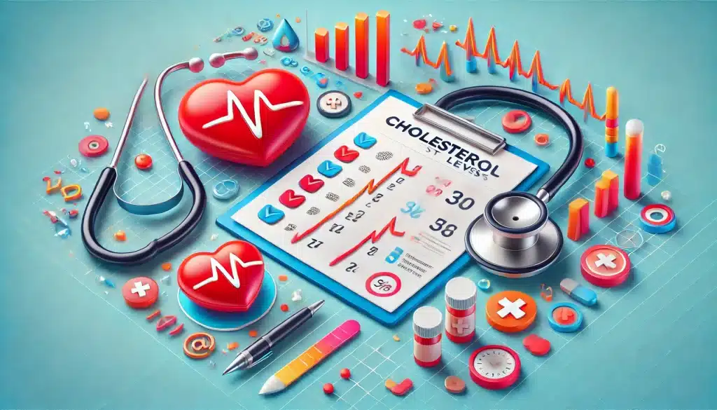 Monitoring cholesterol levels for better heart health, featuring a stethoscope, cholesterol test chart, and medical symbols to emphasize the importance of regular health checks in managing cholesterol effectively.